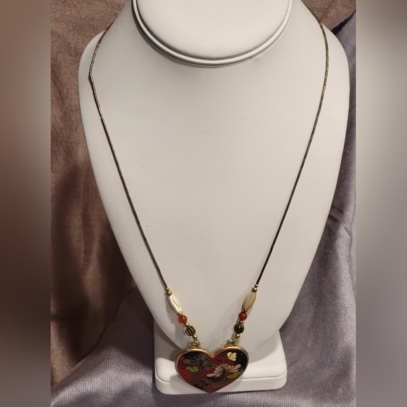 Vintage Enamel Cloisonne Floral Heart Pendant - Picture 7 of 9